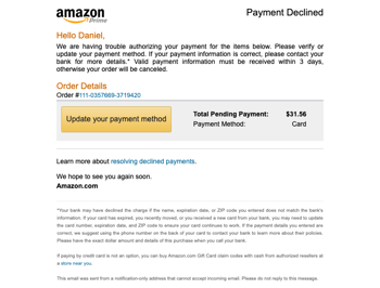 Payment declined: Update your information so we can ship your order
